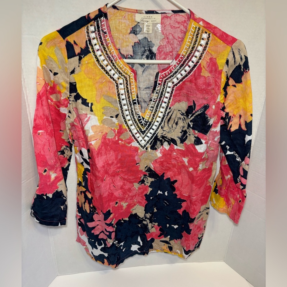 Linen Charter Club Luxury Petite Women’s Floral Beaded Tunic Top 3/4 Sleeve